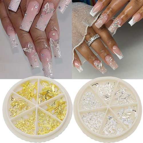 2 Boxes Butterfly Nail Charms for Acrylic Nails, 3D Shining Metallic Gold Silver Butterfly Nail Rhinestones Design Nail Art Charms Jewelry Gems for Daily Holiday Salon Nail Art DIY Crafts Decoration