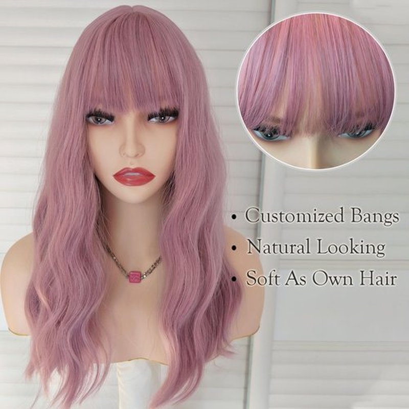 curldiva Pink Bob Wigs with Bangs 16 Inch Loose Wave Curly Wig for Women Shoulder Length Colored Synthetic Hair Daily Wig Lovly Pink Heat Friendly