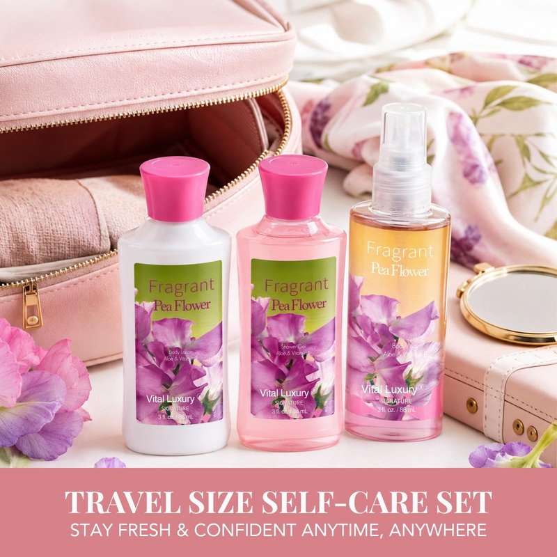 Bath and Body Gift Set, Pea Flower Fragance Gel, Lotion, Mist, Travel Size Spa Set With Natural Extracts - Body Care kit for Birthday Mother's Day Chirstmas Gifts