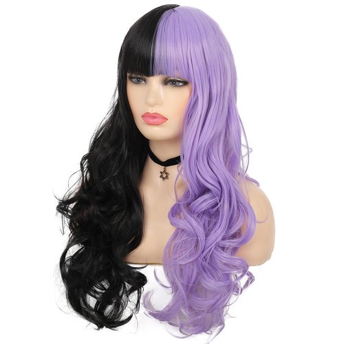 Baruisi Half Black Half Purple Wig Long Curly Wavy Black Purple Synthetic Heat Resistant Costume Cosplay Bangs Wig for Women