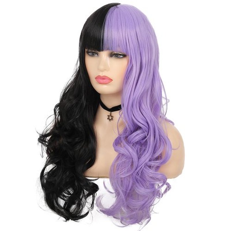 Baruisi Half Black Half Purple Wig Long Curly Wavy Black Purple Synthetic Heat Resistant Costume Cosplay Bangs Wig for Women