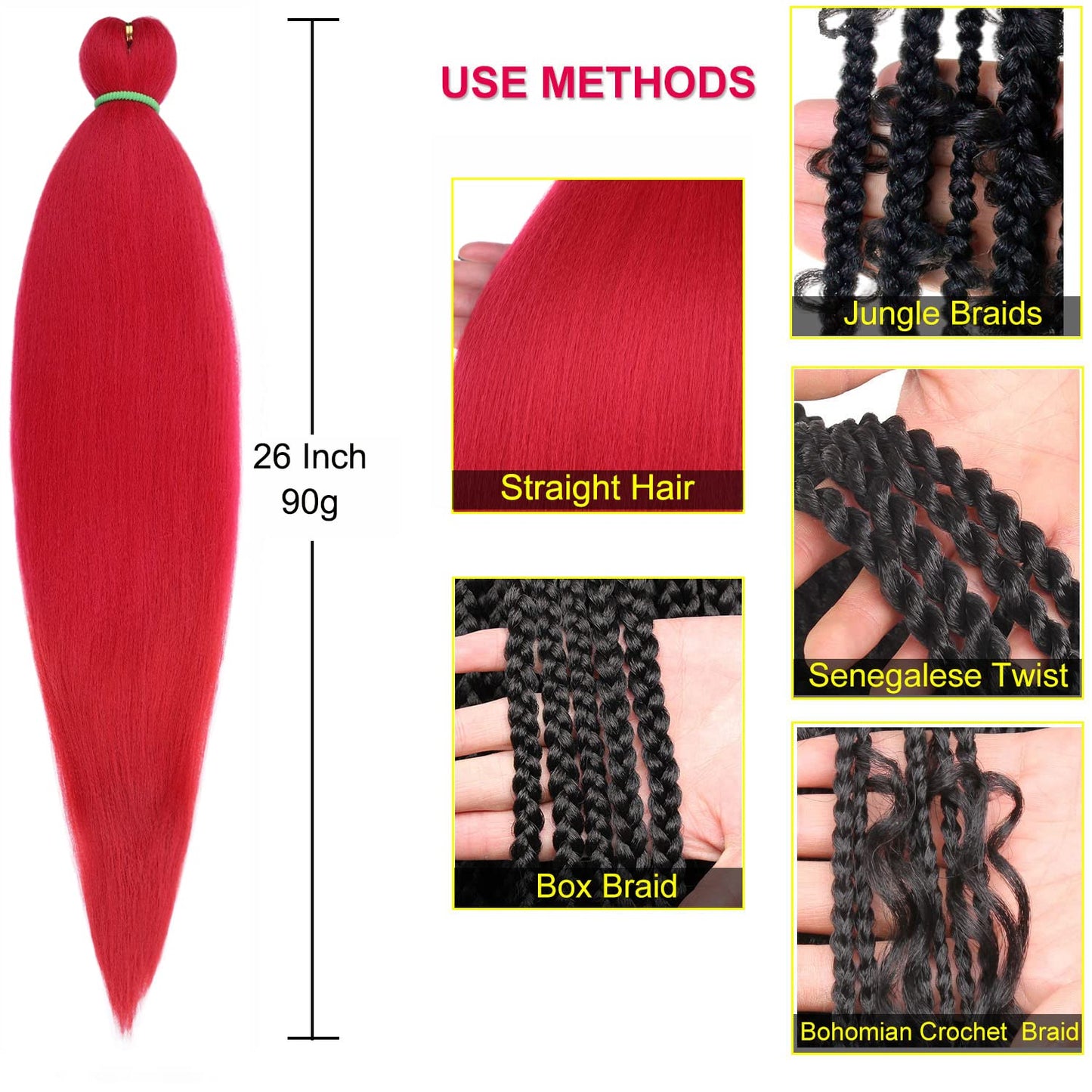 Leeven 26 Inch Red Pre Stretched Braiding Hair 3 Pack Braiding Hair Blue Braiding Hair Extensions For Braiding Crochet Hair (Red#)