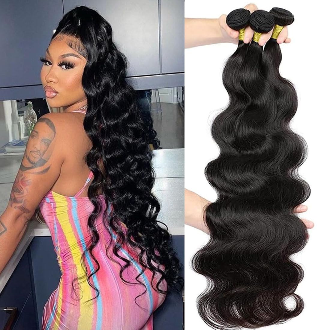 Body Wave Bundles Human Hair 22 24 26 Inch 3 Bundles Human Hair 100% Unprocessed Brazilian Virgin Hair Bundles Body Wave Human Hair Bundles Human Hair Extensions Natural Black
