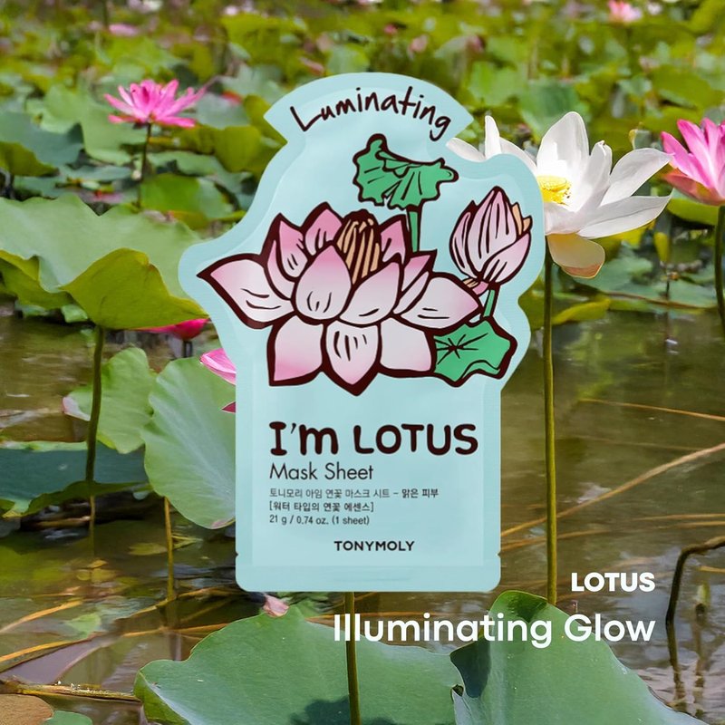 TONYMOLY I’m Lotus Luminating Sheet Mask – Korean Skincare Face Mask with Lotus Extract, Hydrating & Moisturizing Essence for Radiant, Glowing Skin, Soothing Vitamin-Infused Facial Sheet