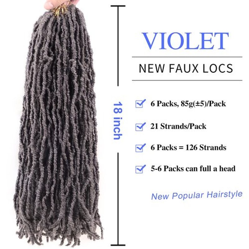VIOLET 18 Inch Soft Locs Crochet Hair New Faux Locs Crochet Hair 6 Packs Crochet Hair for Black Women Pre-looped Synthetic Afro Braids Hair(18Inch, 6Packs, Dark Gray)