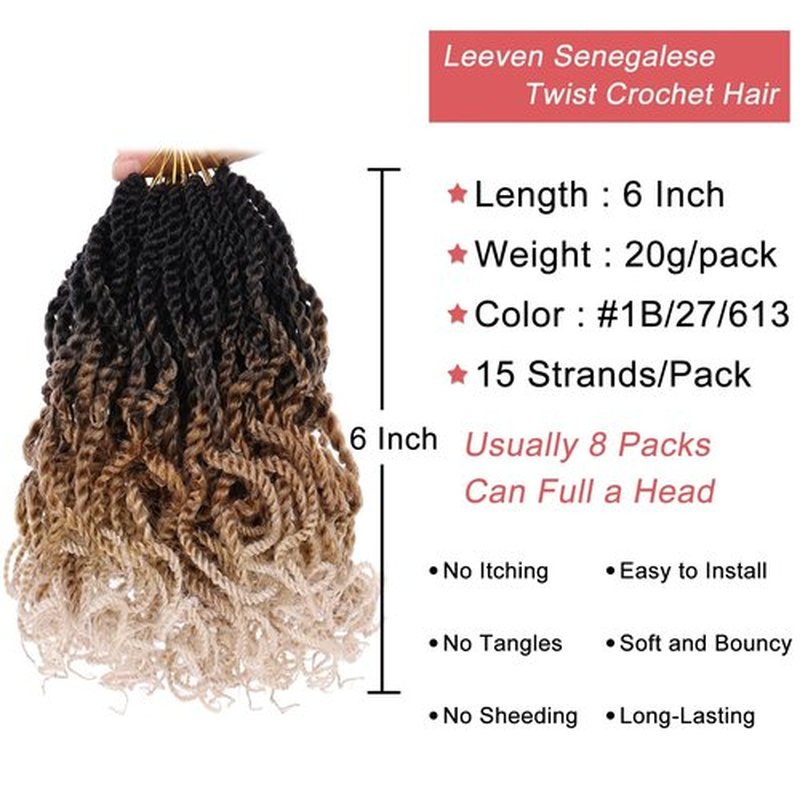Leeven 6 Inch 8 Packs Wavy Senegalese Twist Crochet Hair with Curly Ends Ombre Blonde Pre Looped Small Hanava Twist 2 Strand Short Twist Hair 3 Tone Synthetic Crochet Braids for Women Girl Kids
