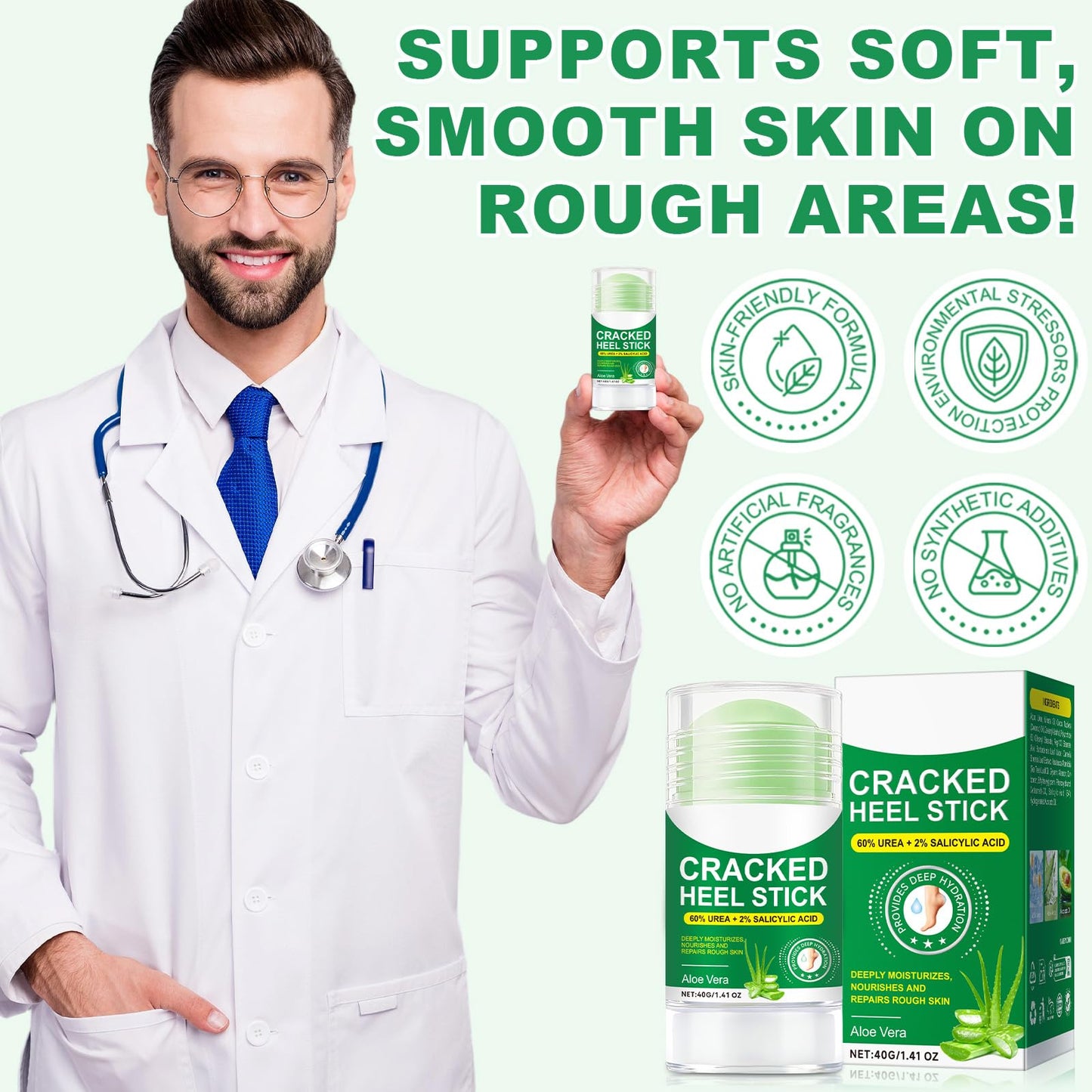 60% Urea Cream plus 2% Salicylic Acid, Cracked Heel Repair Balm Stick for Dry Cracked Feet Treatment,Foot Hand Cream Stick for Smoothing Hands Elbows Feet Knees,Moisturizes and Hydrates the Dry Skin