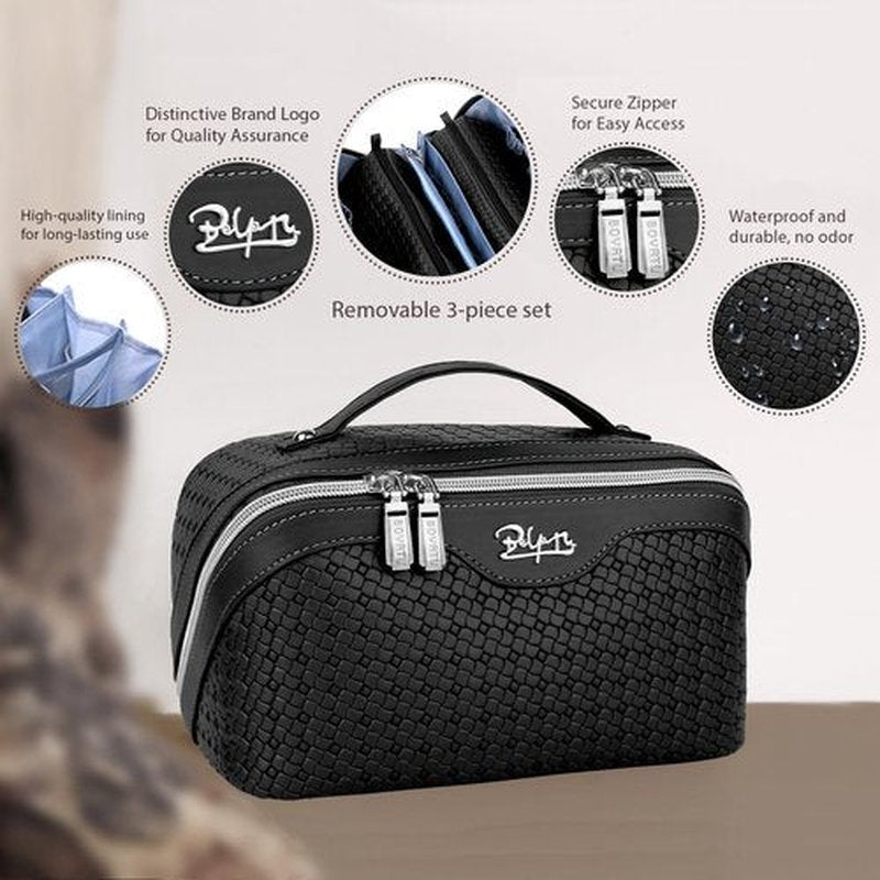 Travel Makeup Bags Cosmetic Organizer Bag: Large Capacity Make up Bag Set of 3 - Vegan Leather Woven Toiletry Bag for Women - Portable Makeup Organizer with Compartments & Handle & Divider Black