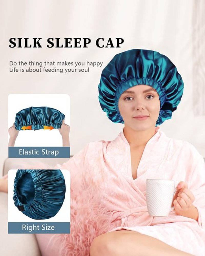 Years calm Silk Bonnet for Sleeping Women, Double Layer Soft Ajustable Elasticity Band Satin Bonnet for Sleeping Hair - Sleep Shower Caps (Blue, One Size)