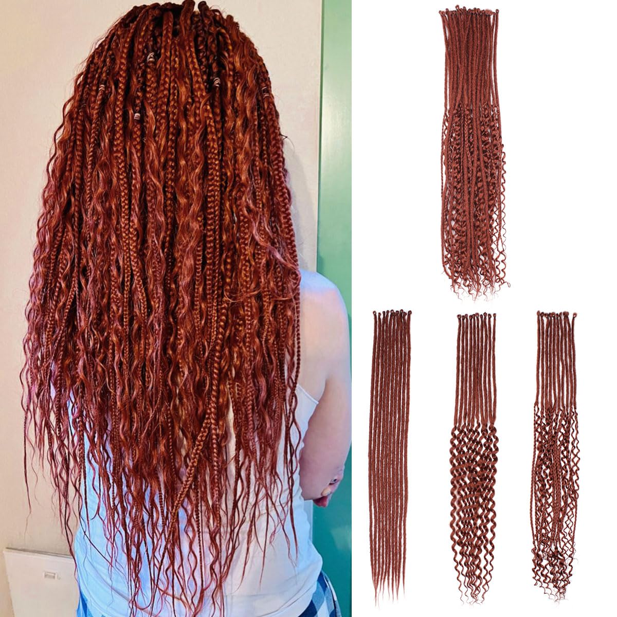 Quiduis 30 Inch 30 Strands SE Dreadlock Extensions,3 In 1 Mixed Synthetic Dreads Extensions,Maroon Red Curly&Straight&Boho Single Ended Dreads Extensions Hippie Style Dreadlock for Women…