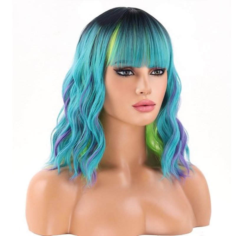 BERON 14 Inches Green Wig for Women Girls Green Purple Wig with Bangs Short Curly Wig Green Mix Purple Wigs