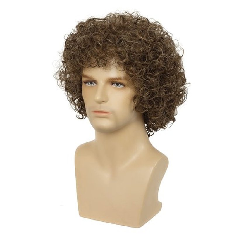 Dai Cloud Mens Light Brown Curly Wig Short Fluffy Brown Rocker Wigs Synthetic Halloween Cosplay Costume Hair Wigs For Male Guys (Light Brwon)