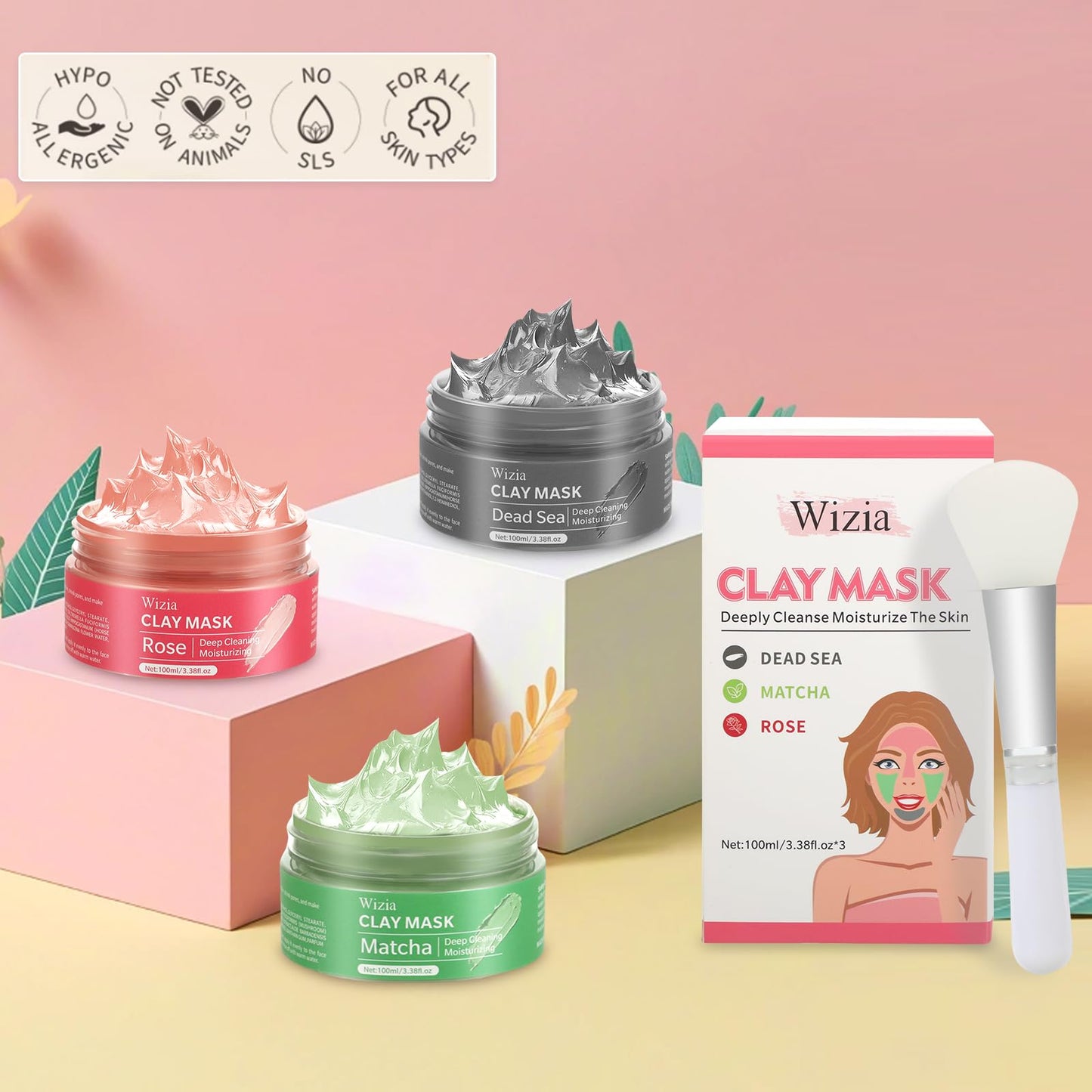 Wizia 3-Pack Clay Face Mask Set with Brush | Dead Sea Mineral, Green Tea & Rose Clay Masks | Deep Cleansing & Hydrating Facial Skincare Set for Women, Teens, All Skin Types
