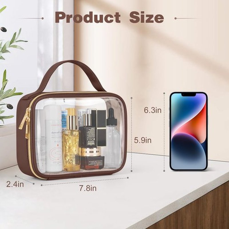 Wedama TSA Approved Toiletry Bag, 3 Pack Clear Makeup Bags with Handles, Quart Size PVC Clear Cosmetic Bags for Women and Men, Carry on Airport Airline Compliant Bag, Brown