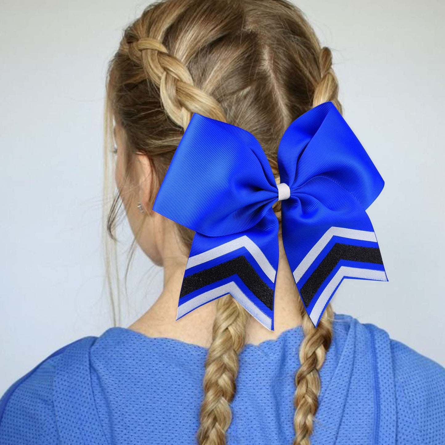 DEEKA 8PCS Large Glitter Cheer Bows Shiny 7" Cheer Hair Bows Ponytail Holder Handmade for Cheerleader Girls Softball Sports -Royal Blue/WTBK