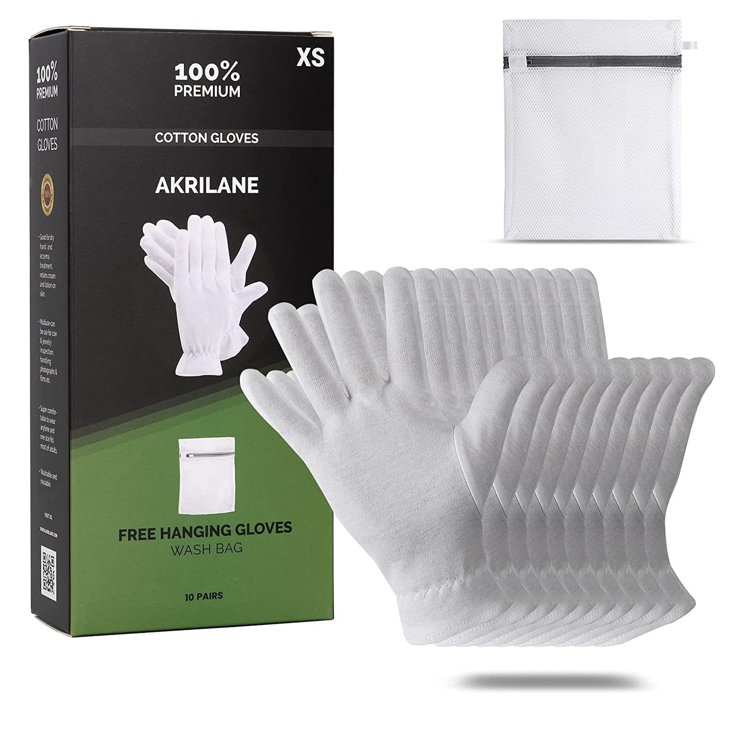 XS Extra Small 10 Pairs 100% Premium Cotton Gloves for Dry Hands | Moisturizing Overnight Gloves for Eczema, Psoriasis & Skin Spa Treatment for Women & Men | Washable & Reusable with Free Laundry Bag