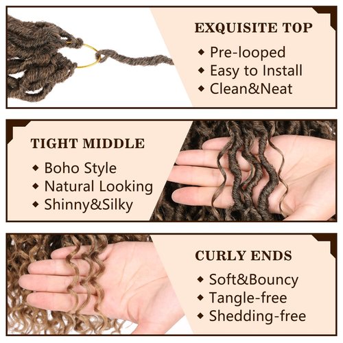 COOKOO 14 Inch Ombre Blonde Curly Crochet Goddess Locs Braids Hair 8 PCS Boho Faux Locs Crochet Hair 14 Strands/Pack Pre-curled Hippie Locs Hair River Locs Synthetic Crochet Braids Hair T27#