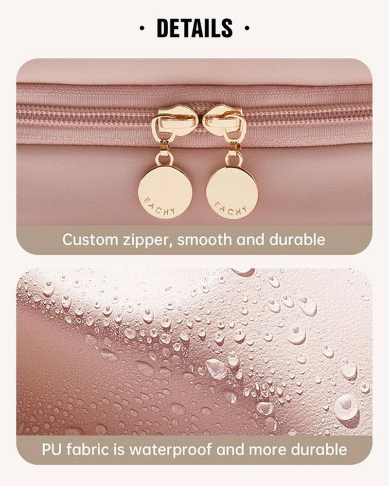 EACHY Travel Makeup Bag, Large Capacity Cosmetic Bags for Women, Waterproof PU Leather Make Up Bag with Makeup Brush Organizer (Pink)