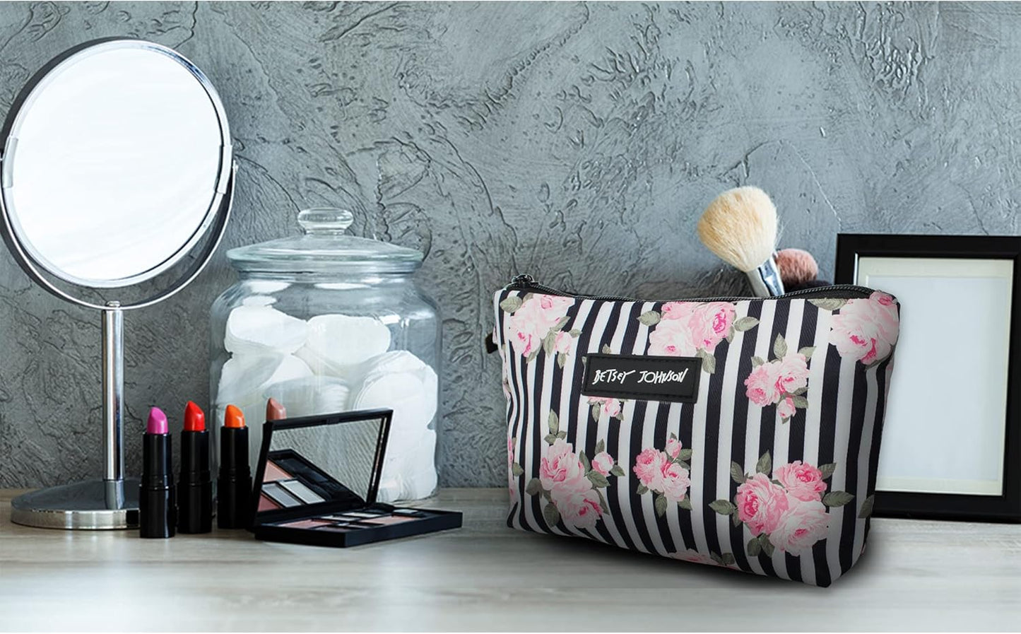 Betsey Johnson 8.5 Inch Zipper Cosmetic Pouch Small Toiletry Bag–Lightweight Durable Polyester Organizer with Inner Zipped Pocket Good For Makeup Accessories and Travel Needs (Covered Rose)