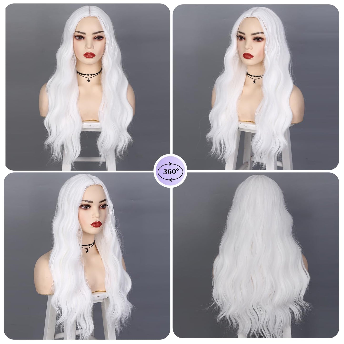 Fancy Hair Long White Wigs for Women White Long Curly Wavy Wig Middle Part Synthetic Wig White Wig for Daily Halloween Cosplay 24 Inches