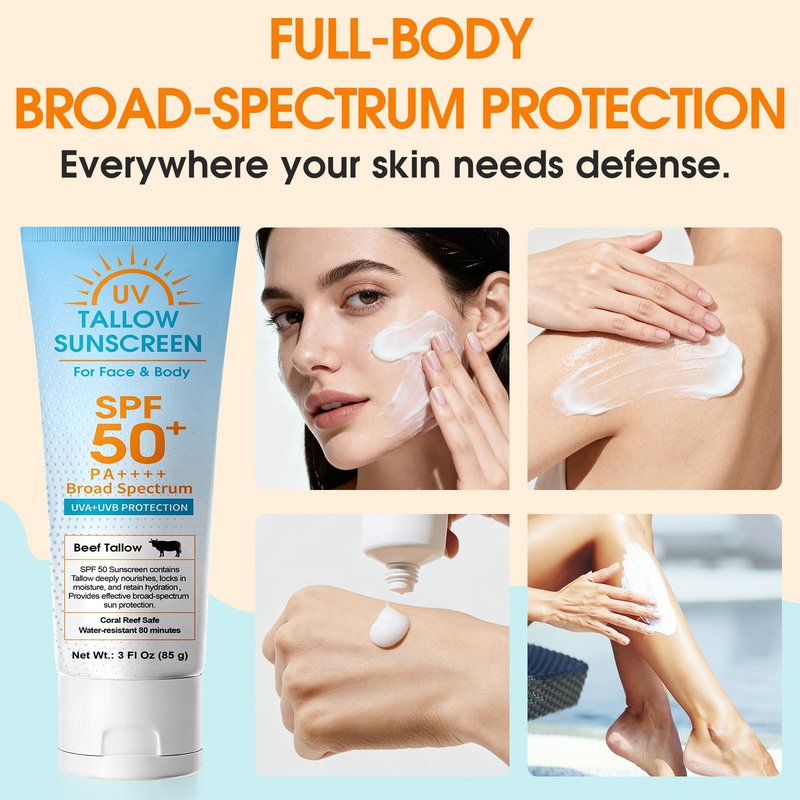 Beef Tallow Sunscreen SPF 50: Mineral Non-Nano Zinc Oxide Sunblock, Non-Greasy & Instant Protection for Face, Reef-Safe for Beach, Running & Sports, 3 Fl Oz (85g)