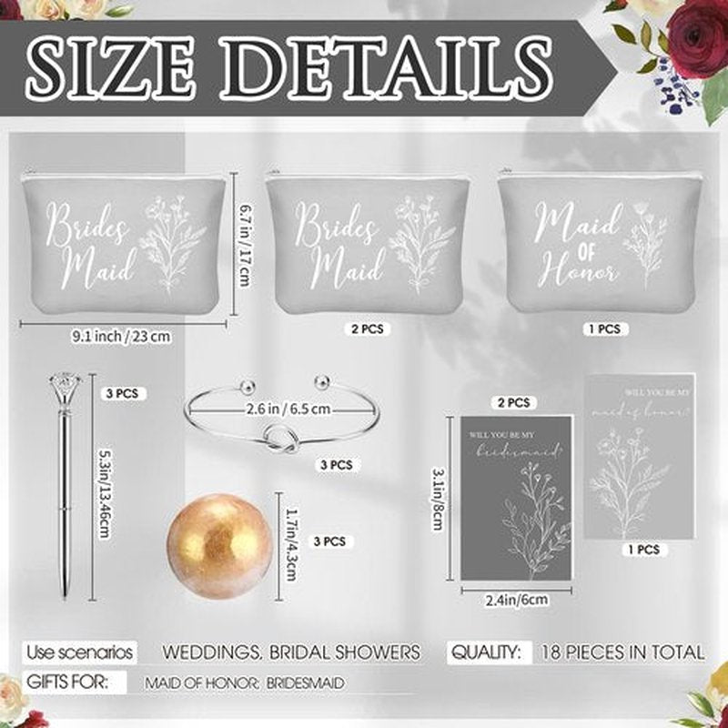 Skybooly 18 Pcs Bridesmaid Proposal Gifts Maid of Honor Gifts Including Brides Maid Glass Cup Makeup Bag Diamond Pen Bracelet Invited Cards for Wedding Party Favors(Gray)