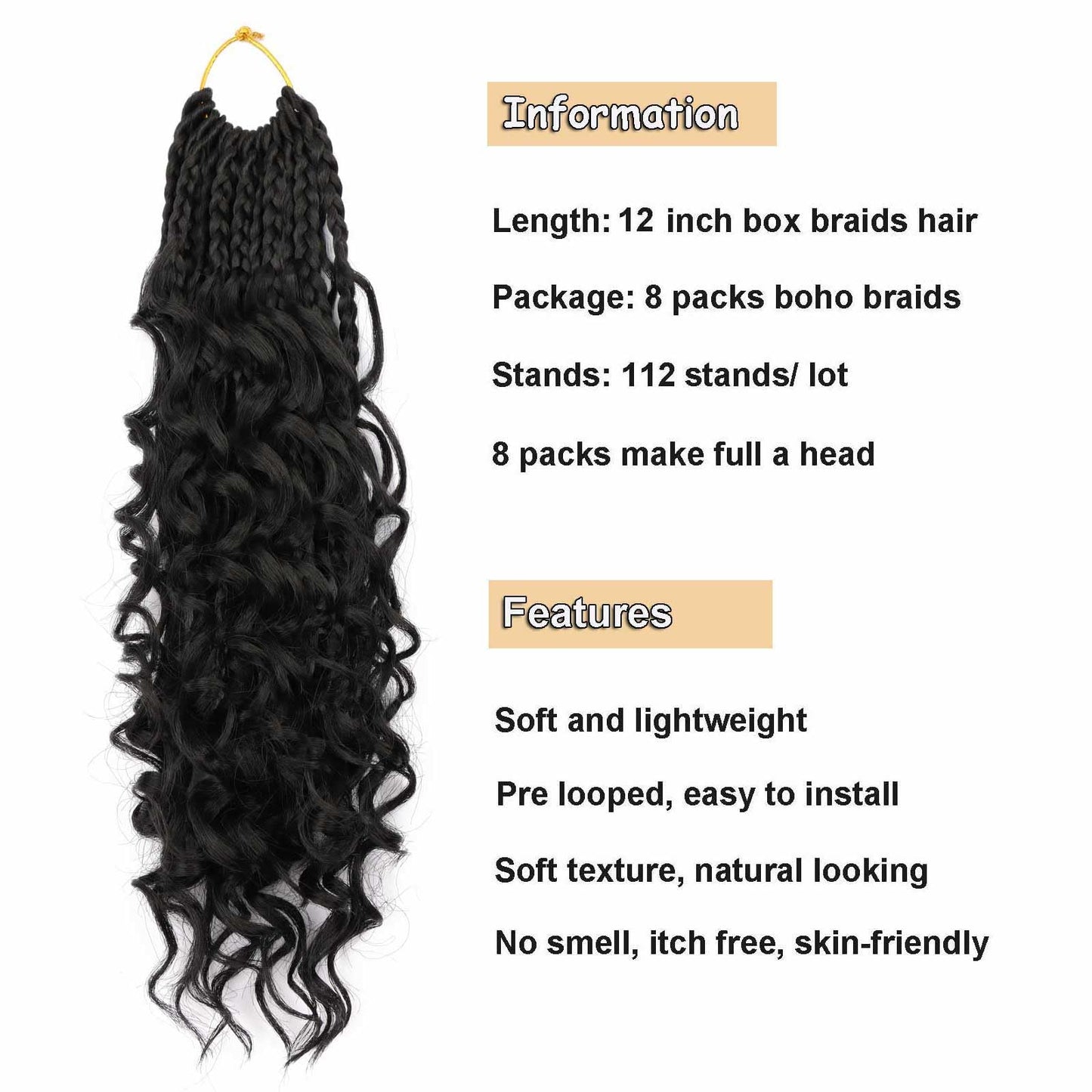 8 Packs Goddess Bohemian Box Braids Crochet Hair with Curly Ends 12 Inch Boho Braids Crochet Box Braids Synthetic Braiding Hair Extensions for Black Women (1B, 12 inch 8 pack)