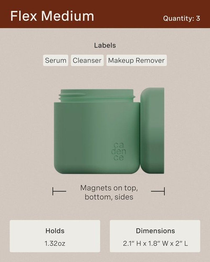 Cadence Travel Containers - Core Skincare Set - Magnetic Travel Capsules - 2 Small (0.56oz) & 3 Medium Capsules (1.32oz) with Cleanser, Moisturizer, Serum, Makeup Remover & Sun-Icon Label - Sand