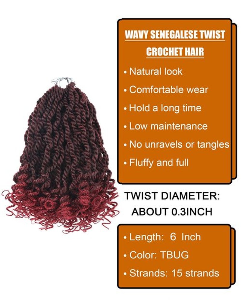 Short Burgundy Crochet Hair 6 Inch Wavy Senegalese Twist Crochet Hair 8 Packs Kinky Twist Crochet Hair Pre Looped Crochet Braids with Curly Ends (6 Inch,Tbug)