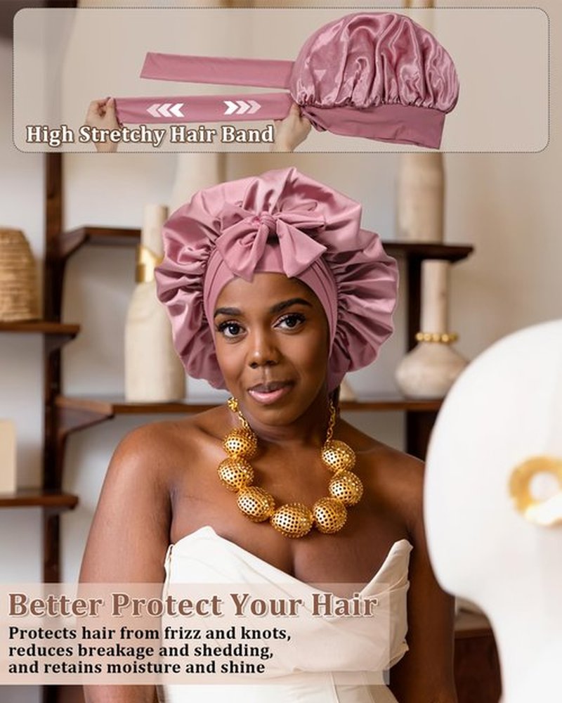 Reversible Satin Bonnet for Sleeping Women Silk Bonnet Double Layer Hair Bonnet with 2PCS Hair Scrunchies Elastic Tie Band Night Cap Hair Wrap for Natural Curly Hair (Bean Paste + Pink)