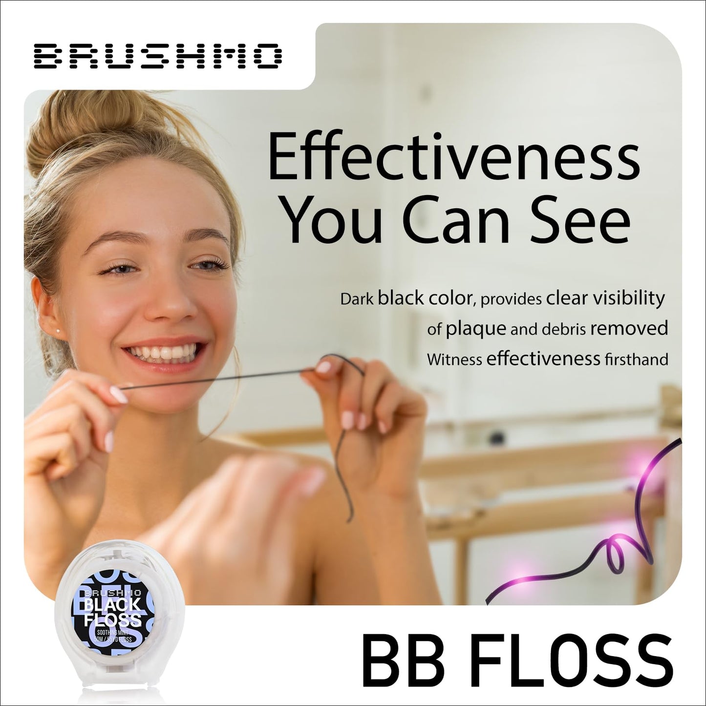 Brushmo Black Floss (BB Floss), US Dentist-Designed Oral Care, Stain-Absorbing, Woven Expanding Dental Floss with Natural Wax to Prevent Gum Disease, Non-Toxic PTFE & PFAS Free, 2 spools (110 yd)