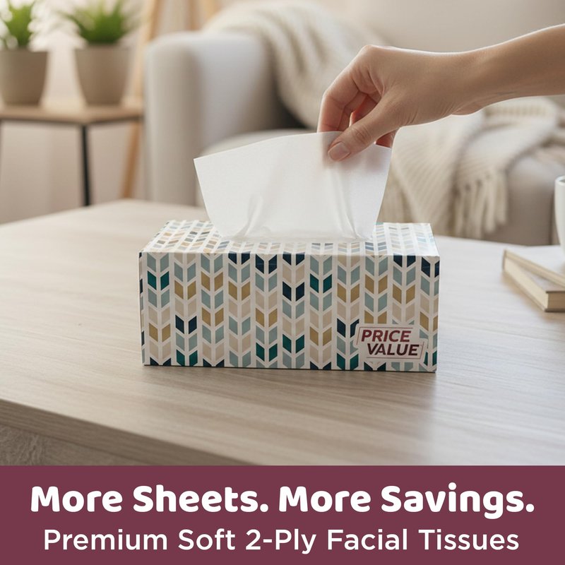 Price Value Facial Tissues, 2-Ply Soft Facial Tissue - 4 Boxes, 230 Sheets Per Box (920 Total Sheets), Gentle & Durable Tissue Boxes Bulk for Home, Office & Travel