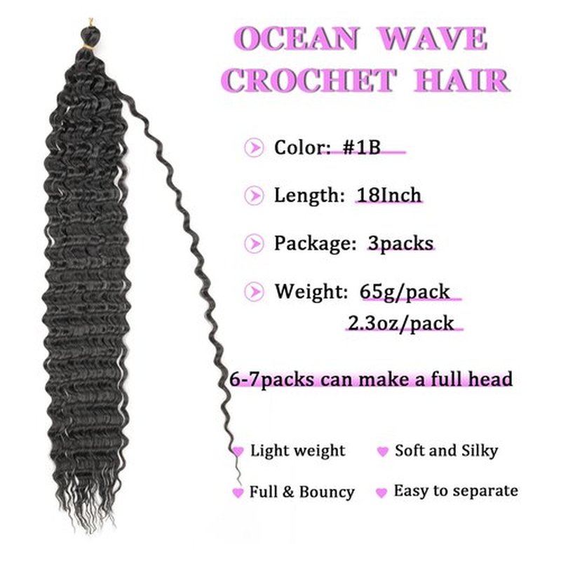 ZRQ Deep Wave Crochet Hair Natural Black 18 Inch 3 Packs Ocean Wave Curly Braiding Hair for Boho Braids Synthetic Curly Crochet Hair For Women #1B