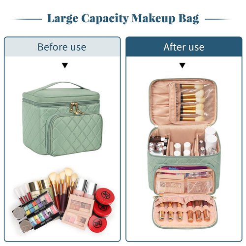 Large Makeup Bag, Travel Makeup Bag for Women Girls with Makeup Brush Compartment, Stylish Makeup Bag Organizer Cosmetic Case With Handle and Adjustable Divider - Green