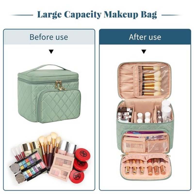 Large Makeup Bag, Travel Makeup Bag for Women Girls with Makeup Brush Compartment, Stylish Makeup Bag Organizer Cosmetic Case With Handle and Adjustable Divider - Green