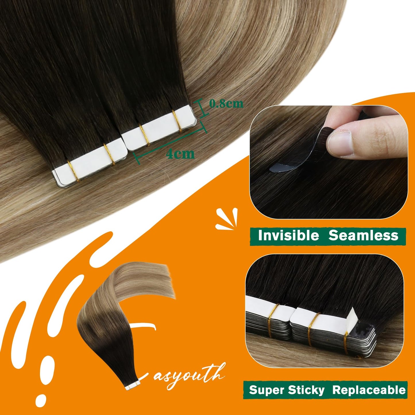 Easyouth Tape in Hair Extensions Human Hair Ombre Black Real Human Hair Tape in Extensions Dirty Brown Blonde Balayage Tape in Extensions Human Hair Remy #1b/8/22 12Inch 30g 20Pcs