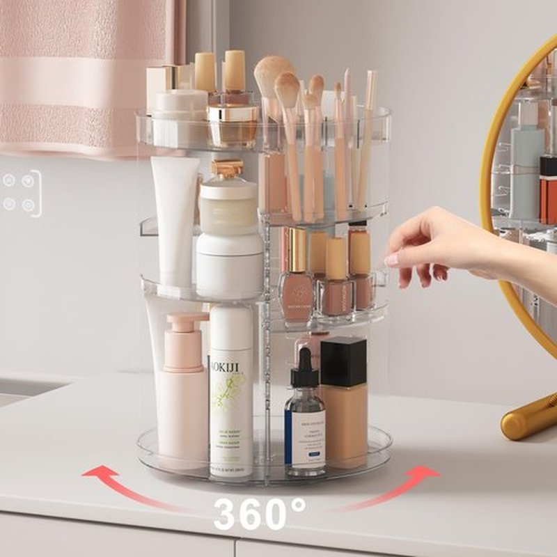 360 Rotating Makeup Organizer with Partition Slots, 8 Adjustable Layers Spinning Skincare Organizers, Large Capacity Makeup Desk Storage Shelf, Revolving Cosmetic Rack for Vanity Bathroom Countertop