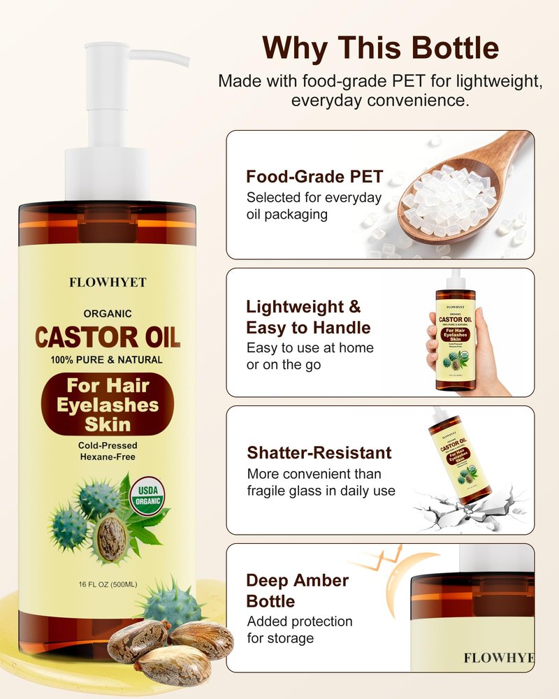 FLOWHYET Organic Castor Oil for Hair Growth, Pure Eyelash Eyebrow Growth Serum, USDA Certified Body Oil for Face Skin Care, Cold Pressed, Hexane Free, for women, 15.5 Fl Oz