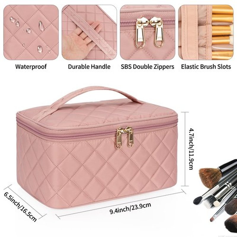 OCHEAL Makeup Bag, Portable Cosmetic Bag, Large Capacity Travel Makeup Case Organizer, Pink Makeup Bags For Women Toiletry Bag for Girls Traveling With Handle and Divider-Pink