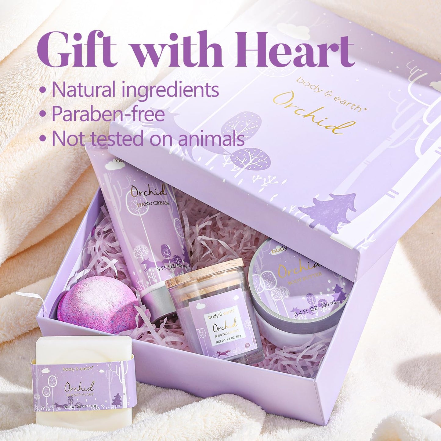 Spa Gifts for Women, Body & Earth 5 Pcs Gifts for Women Orchid Gift Sets for Women, Bath and Body Gifts Set, Valentines Day Gifts for Women, Self Care Bath Gifts for Women