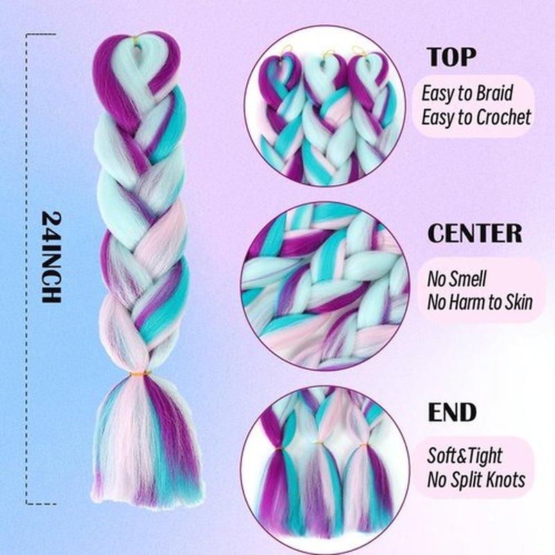 Braiding Hair 24 inch Fiber Mix Four Colorful Pre Stretched Hair Extensions Rainbow Colors Synthetic Hair Blue- Purple-Pink Soft Healthy Wig For Daily Party (24 Inch, Pack of 8)