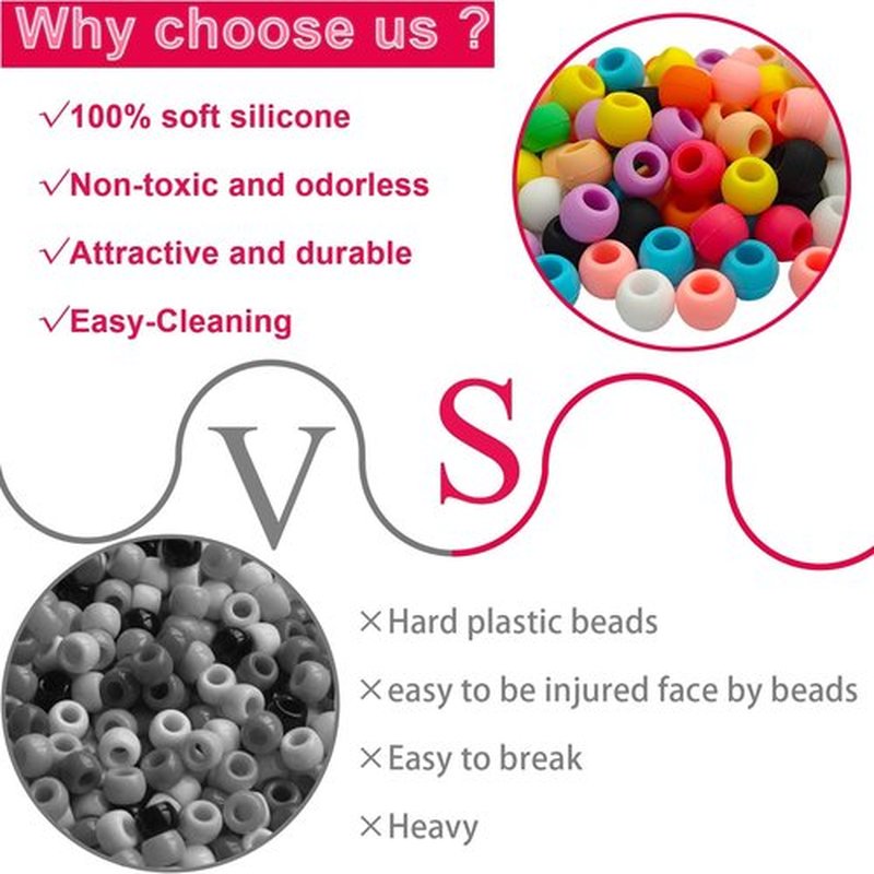 GENLEAS 50Pcs Silicone Hair Beads for Kids Girls Braids, 10 Color Silicone Beads for Hair, Colorful Rubber Pony Beads Kit
