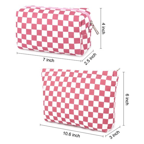 SOIDRAM 2 Pcs Checkered Makeup Bag Large Cosmetic Bag Toiletry Bag Makeup Pouch Travel Bag Organizer Cute Makeup Brushes Aesthetic Accessories Storage Bag for Women Peach Pink