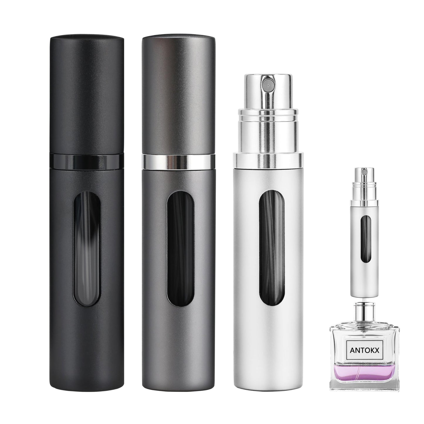 ANTOKX Perfume Travel Refillable Bottle - 3-Pack 5ML Pocket Perfume Atomizer, Travel Perfume Atomizer Refillable Perfume Spray Bottle, Portable Perfume Sprayer (Black & Gray & Silver)