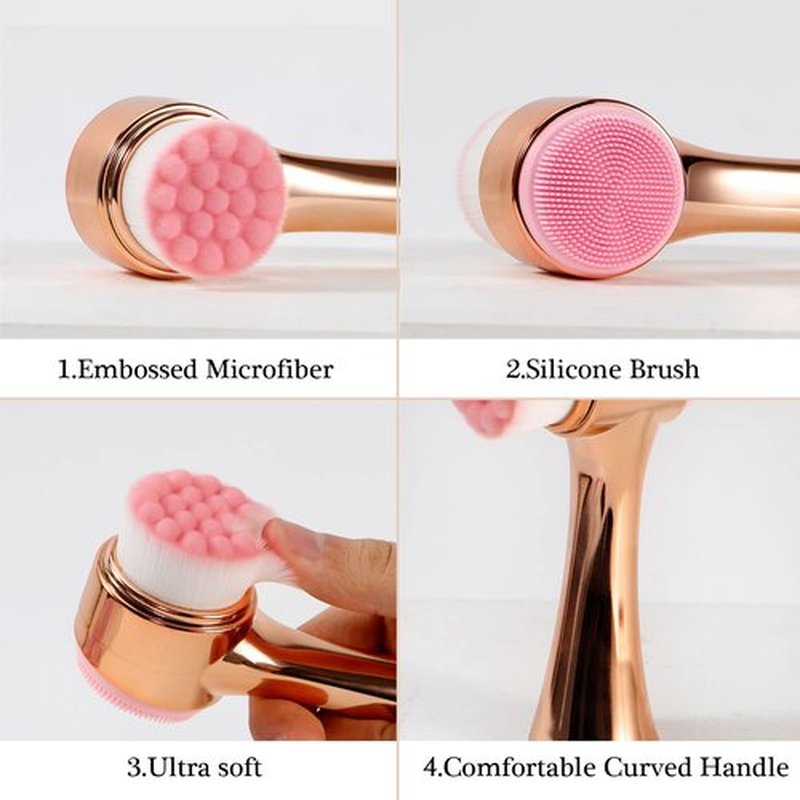 Beomeen Face Brush 2 in 1, Facial Cleansing Exfoliating Brush with Ultra Fine Soft Bristles for Pore Deep Cleansing Silicone Double Side Face Wash Scrub Brush for Skin Care, Gold