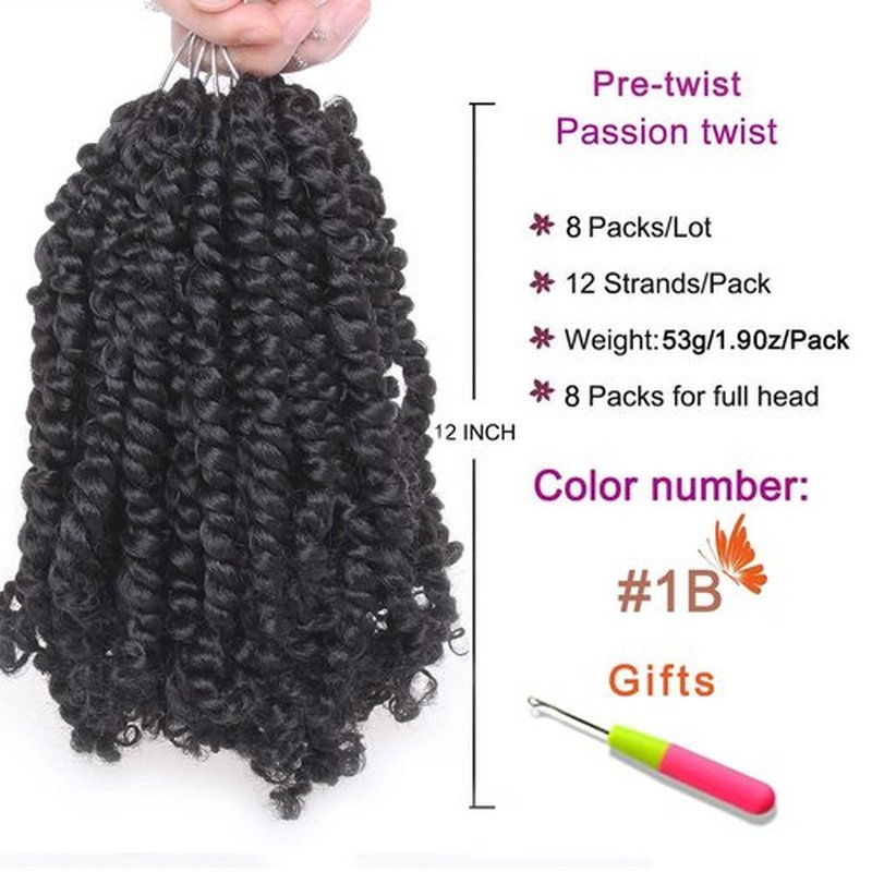 ZRQ Short 8 Packs Pre-twisted Bob Passion Twist Crochet Hair with Curly Ends 12 Inch Pre looped Black Passion Twists Hair 12 Roots/Pack Synthetic Bohemian Crochet Braids Hair for Black Women 1B#
