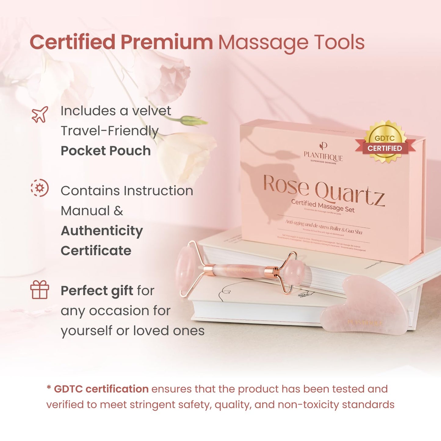 PLANTIFIQUE Face Roller and Gua Sha Rose Quartz Certified | Gifts | Guasha Tool for Face | Jawline Shaper | Your Skin Care Routine