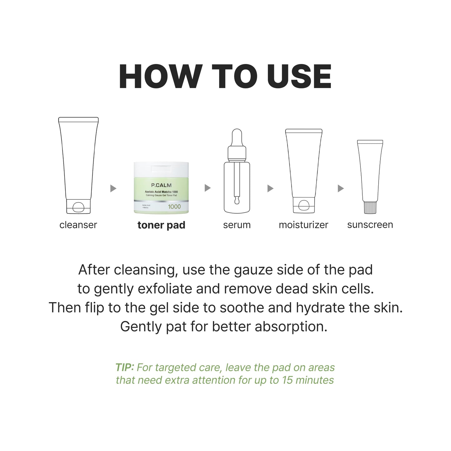 P.CALM Azelaic Acid Matcha 1000 Gauze Gel Toner Pad | Azelaic Acid & Matcha for Daily Resurfacing, Skin Soothing & Hydration, Gentle Exfoliating Toner Pads | Korean Skincare, 110g / 3.88 oz, 60 Pads