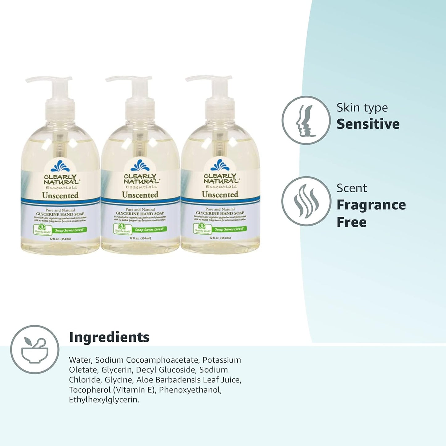 Glycerin Liquid Hand Soap with Aloe Vera - 12 oz, Pack of 3 | Moisturizing & Gentle