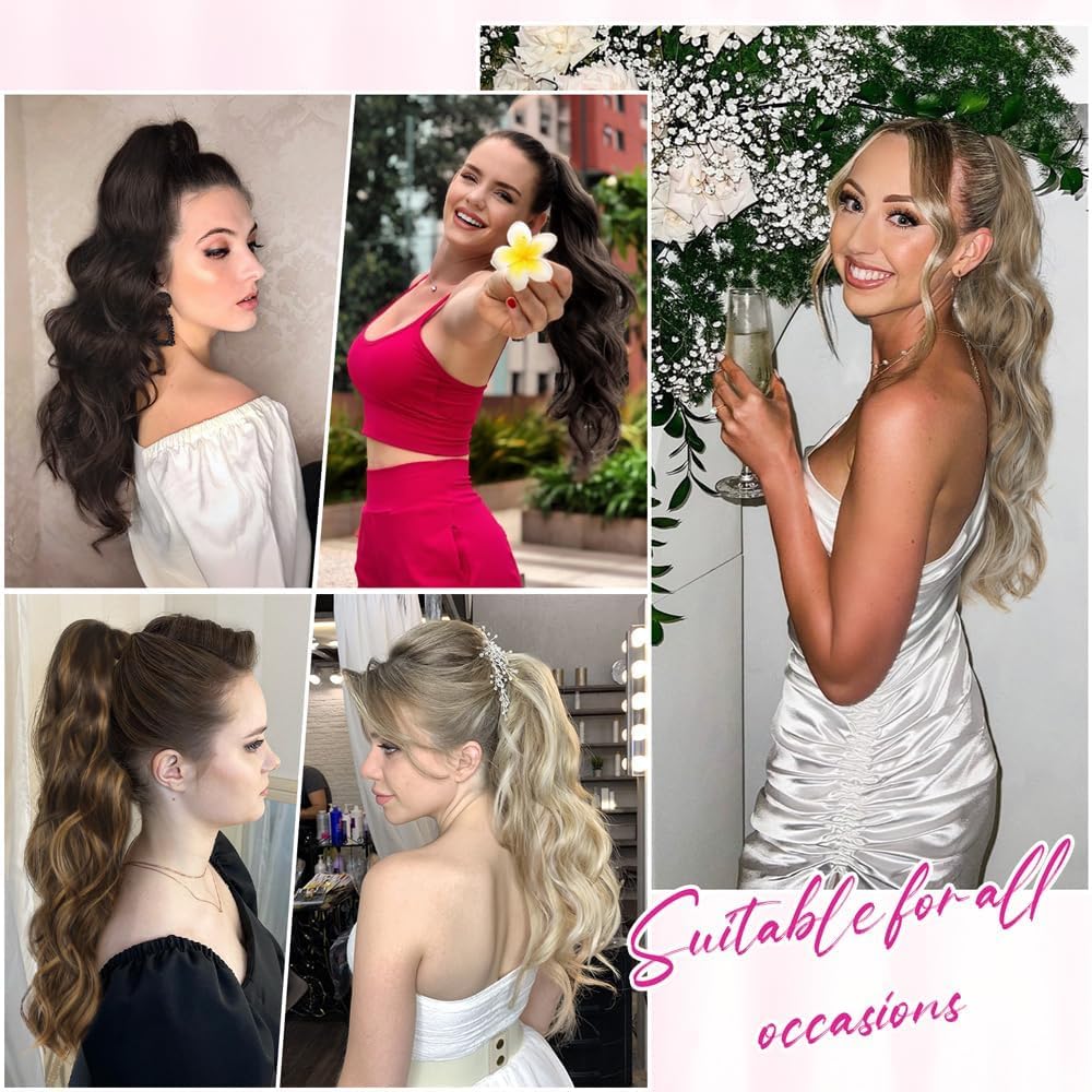 ALXNAN Ponytail Extension,Drawstring Ponytail Hair Extensions Brown with Blonde Highlights Long Wave Ponytail for Women